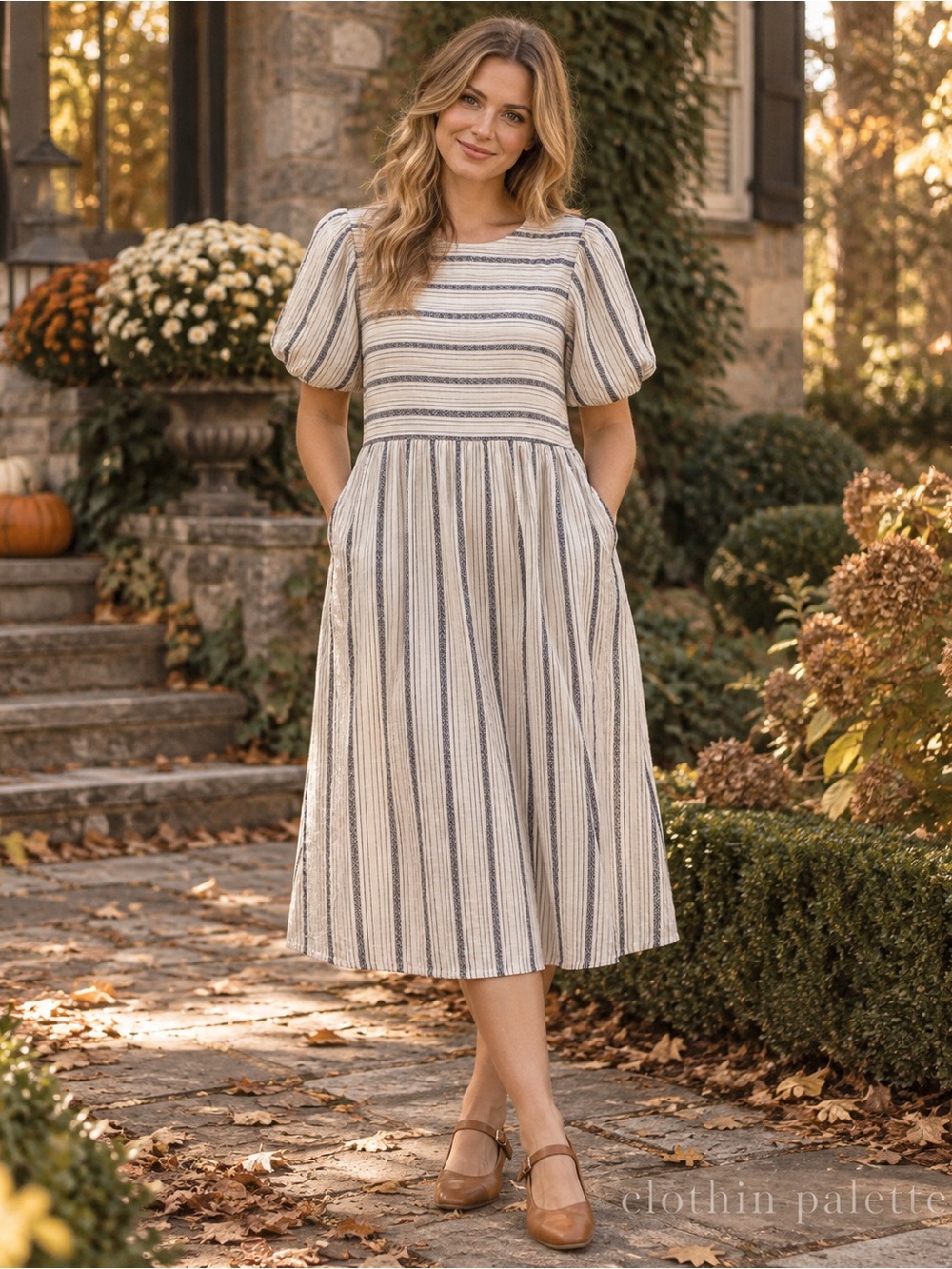 NWT Tea N Rose Striped Linen Cotton Puff Sleeve Midi Dress L